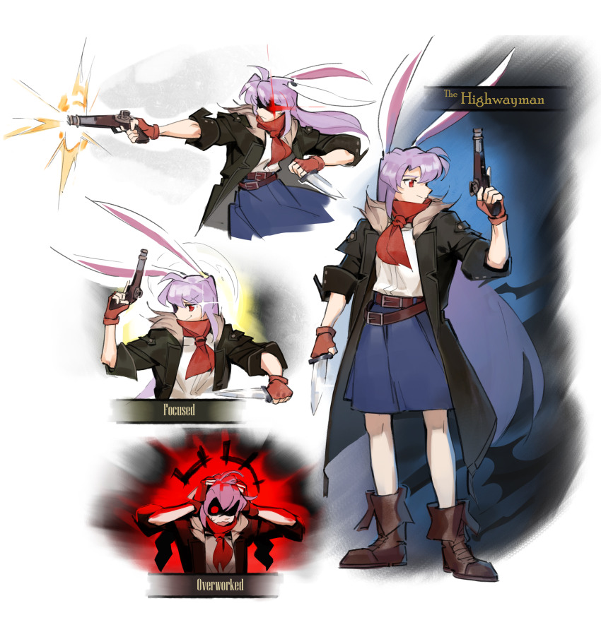 1girl, absurdres, affliction_(darkest_dungeon), animal_ears, antique_firearm, asymmetrical_dual_wielding, belt, blue_skirt