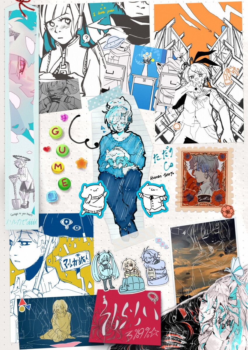 3boys, 3girls, ?, absurdres, bookmark, cat, circle, collage_(medium)