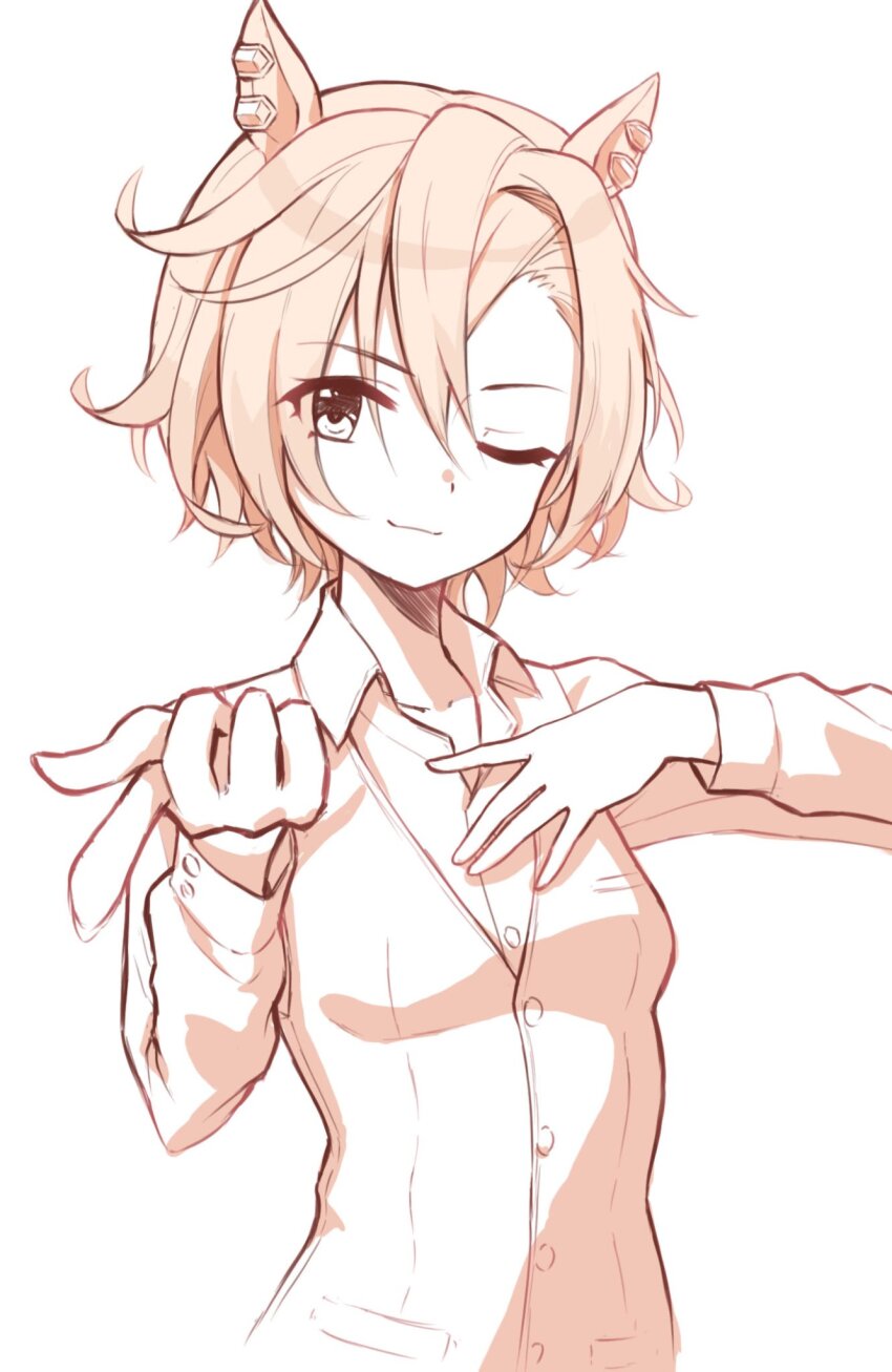 ;), alternate_costume, animal_ears, collarbone, hand_on_own_chest, highres, horse_ears, horse_girl