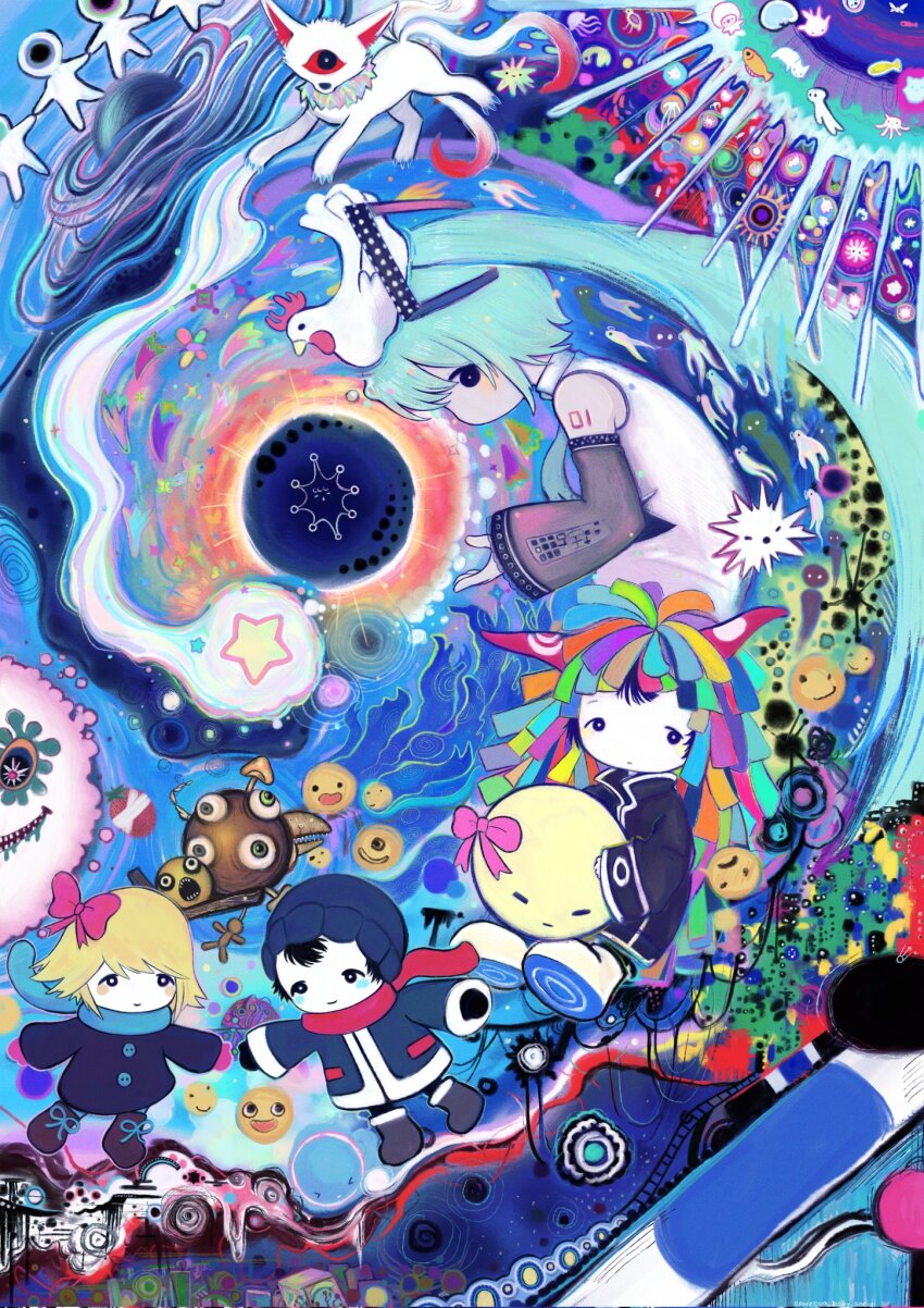 1boy, 2girls, aqua_hair, arm_tattoo, bird, black_boots, black_gloves, black_shoes