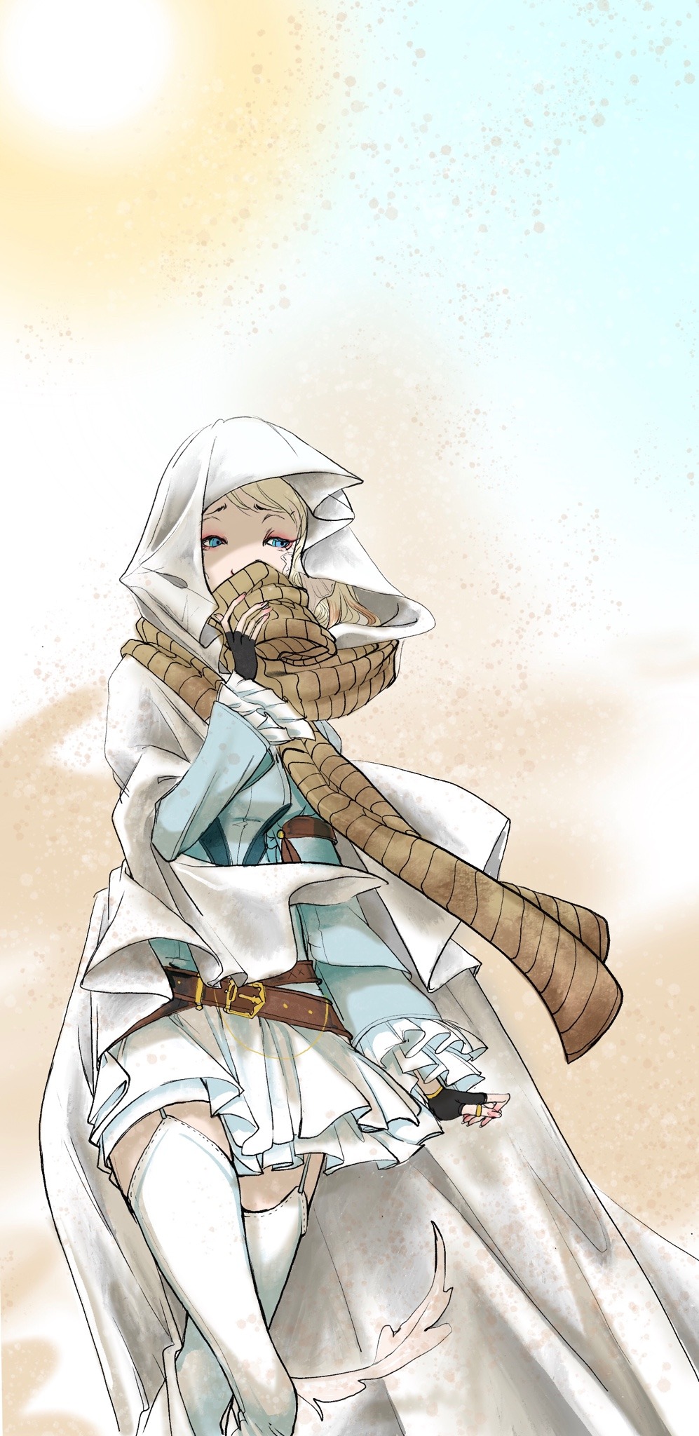 1girl, au_ra, belt, belt_buckle, black_gloves, blonde_hair, blue_eyes, blue_shirt