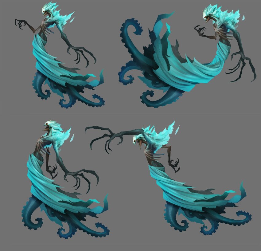 alexandre_chaudret, aqua_dress, blue_fire, clawed_hands, dress, fiery_hair, fire, grey_background