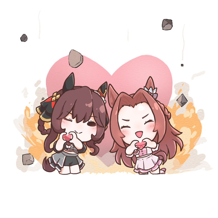 2girls, ;), ^_^, animal_ears, black_ribbon, black_skirt, braid, braided_hair_rings