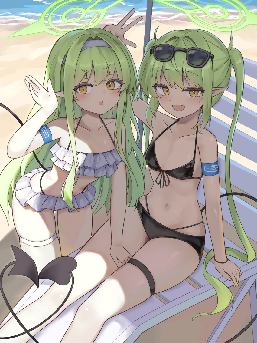 2girls, :d, absurdres, alternate_costume, arm_at_side, armband, bare_shoulders, beach, bikini, black_bikini, blue_archive, blue_armband, blush, breasts, collarbone, day, demon_girl, demon_tail, eyelashes, eyewear_on_head, fang, feet_out_of_frame, frilled_bikini, frills, front-tie_bikini_top, front-tie_top, green_hair, green_halo, hair_intakes, hairband, halo, halterneck, hamu_(hvmzld123), hand_up, heart_tail_duo, highres, hikari_(blue_archive), leaning_forward, loli, long_hair, looking_at_viewer, multiple_girls, navel, nozomi_(blue_archive), ocean, open_mouth, outdoors, outstretched_hand, pointy_ears, short_eyebrows, siblings, sidelocks, sisters, sitting, skin_fang, skindentation, small_breasts, smile, smug, standing, stomach, sunglasses, swimsuit, tail, teeth, thick_eyebrows, thigh_strap, thighs, twins, twintails, upper_teeth_only, v-shaped_eyebrows, very_long_hair, w, white_bikini, white_hairband, yellow_eyes