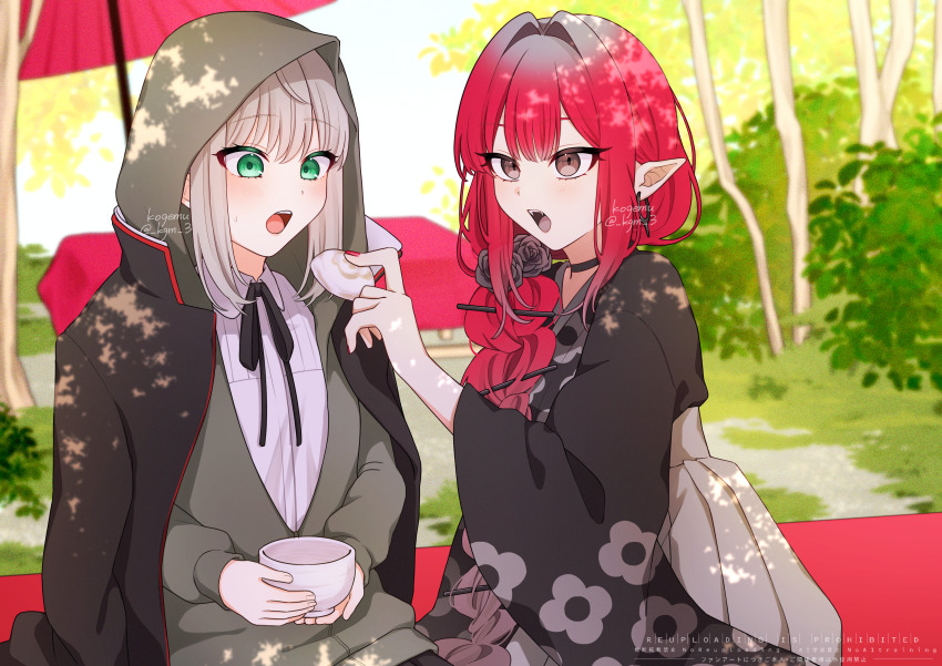 2girls, absurdres, baobhan_sith_(fate), baobhan_sith_(over_the_same_sky)_(fate), black_jacket, black_kimono, braid, fate/grand_order