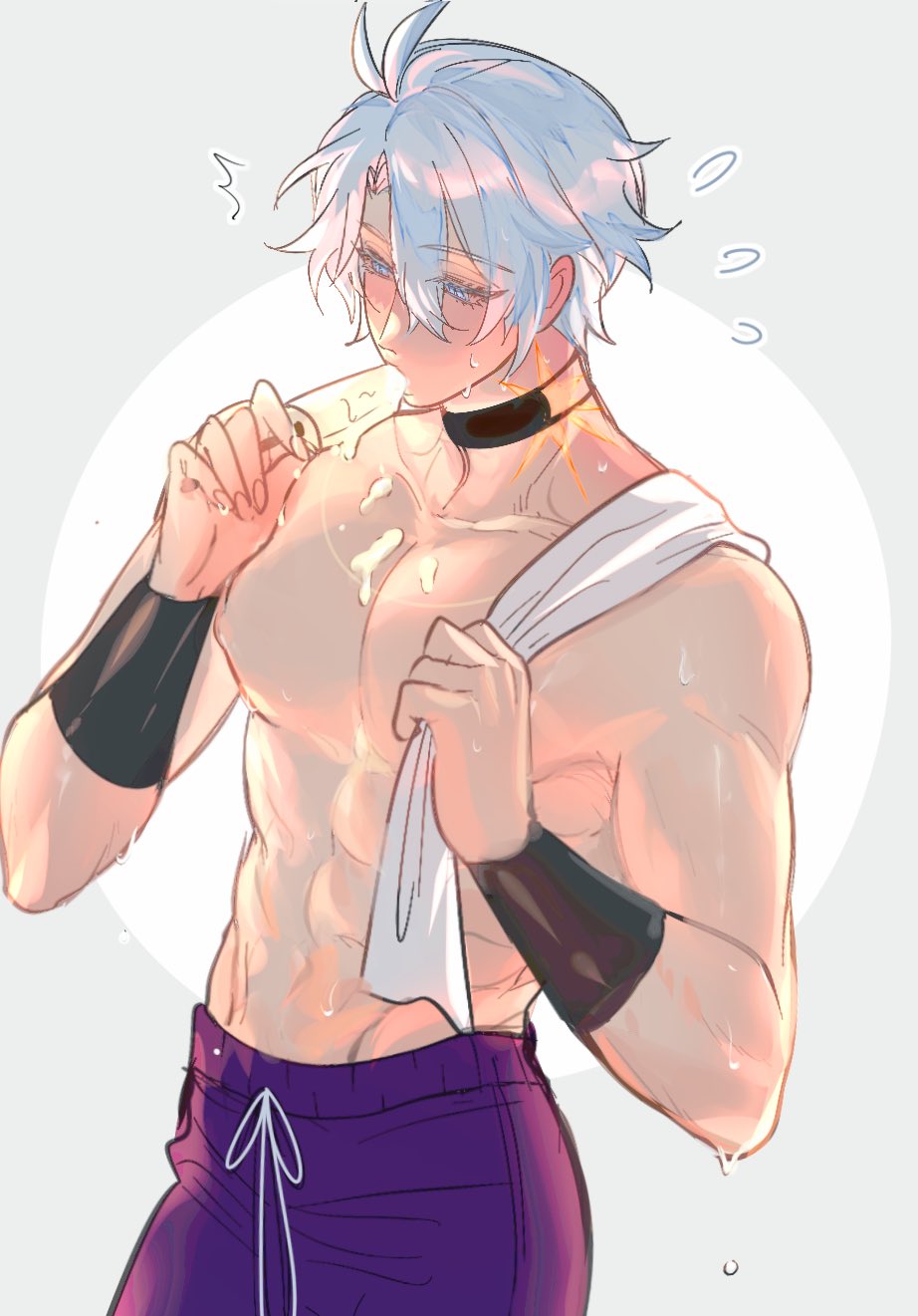 1boy, abs, antenna_hair, blue_eyes, blue_hair, blue_pants, blush, choker