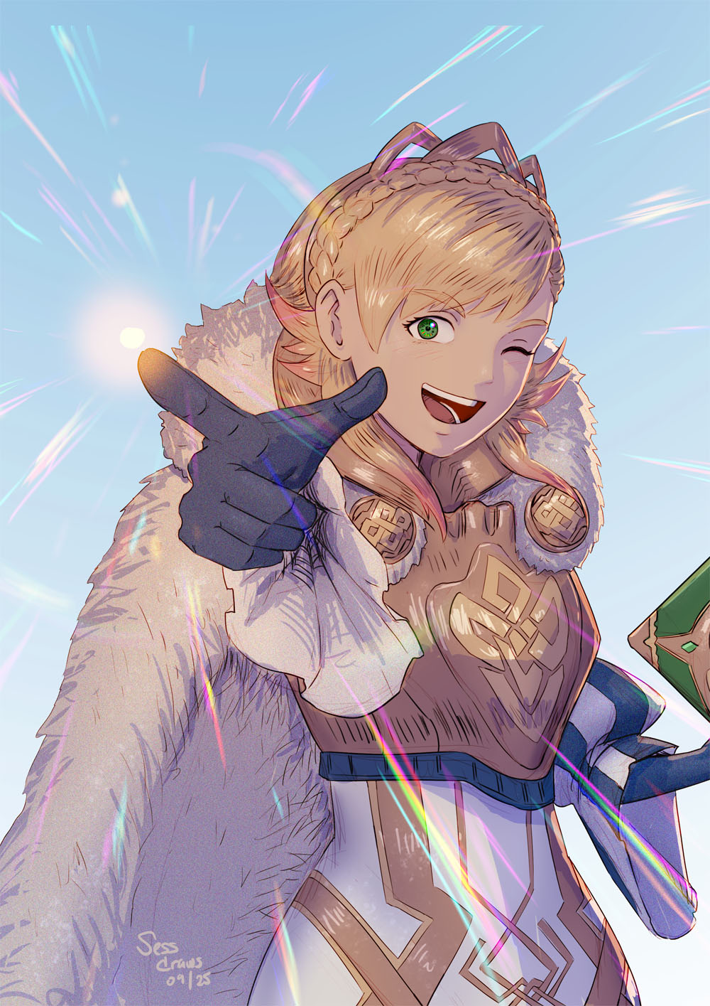 1girl, armor, blonde_hair, blue_gloves, book, braid, breastplate, cape, crown_braid, fire_emblem, fire_emblem_heroes, fur_cape, gloves, gold_trim, gradient_hair, green_eyes, highres, holding, holding_book, long_hair, looking_at_viewer, magic, multicolored_hair, nintendo, official_alternate_costume, one_eye_closed, open_mouth, pink_hair, puffy_sleeves, sessdraws, sharena_(fire_emblem), sharena_(hopeful_princess)_(fire_emblem), smile, solo, tiara, two-tone_hair, upper_body