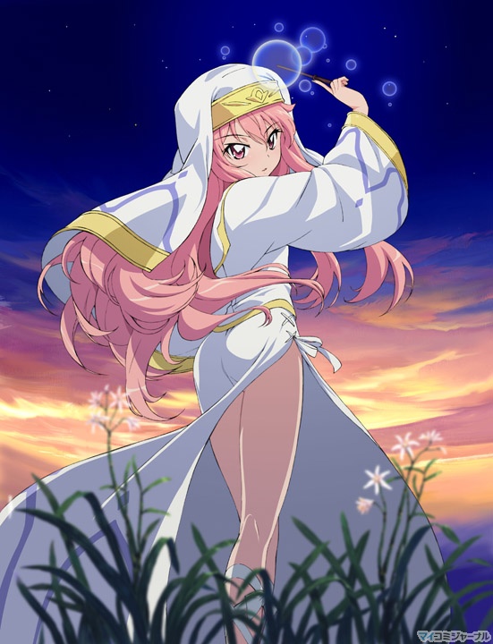 1girl, ass, cosplay, female_focus, flower, habit, legs, long_hair, louise_francoise_le_blanc_de_la_valliere, non-web_source, nun, nun_headdress, official_art, pink_eyes, pink_hair, side_slit, solo, sunset, thigh_slit, wand, zero_no_tsukaima