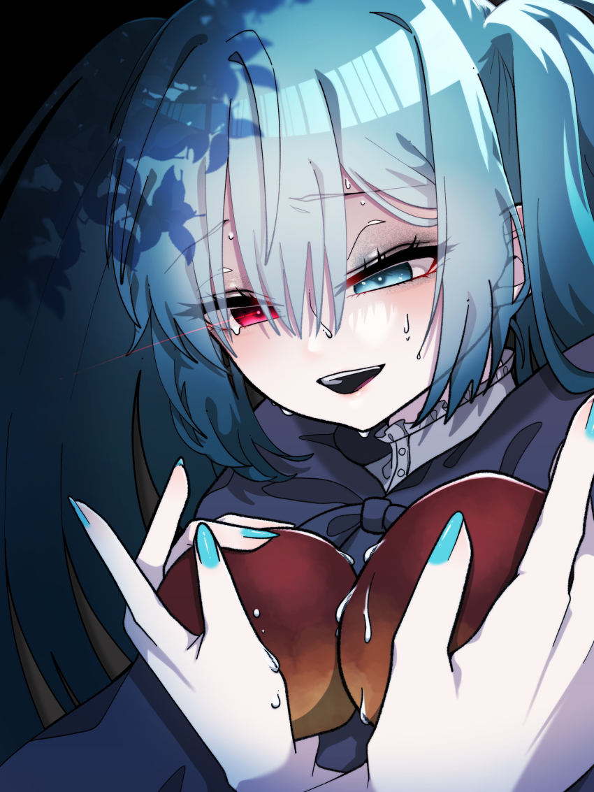 1girl, absurdres, apple, aqua_eyes, aqua_hair, crying, crying_with_eyes_open, dress, erifura, evillious_nendaiki, food, frills, fruit, hair_ribbon, hatsune_miku, highres, holding, holding_food, holding_fruit, long_hair, moonlit_bear_(vocaloid), ribbon, shirt, short_hair, solo, tears, twintails, very_long_hair, vocaloid