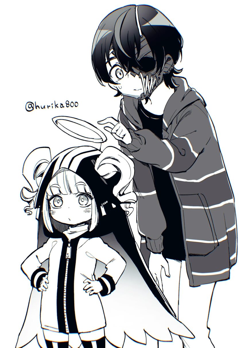 2girls, cape, commentary, greyscale, hair_between_eyes, half_mask, halo, hands_on_own_hips, hashtag-only_commentary, high_side_ponytail, highres, himeru_(shuten_order), hood, hooded_cape, hooded_jacket, hurika800, jacket, leaning_forward, long_sleeves, mask, monochrome, multiple_girls, open_clothes, open_jacket, outstretched_arm, rei_shimobe, reverse_trap, shirt, short_hair, shuten_order, side_ponytail, simple_background, sweatdrop, thighhighs, twintails, twitter_username