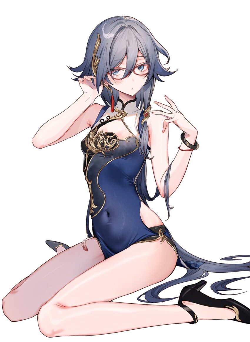 1girl, bare_shoulders, blue_dress, blue_eyes, blush, bracelet, breasts, china_dress