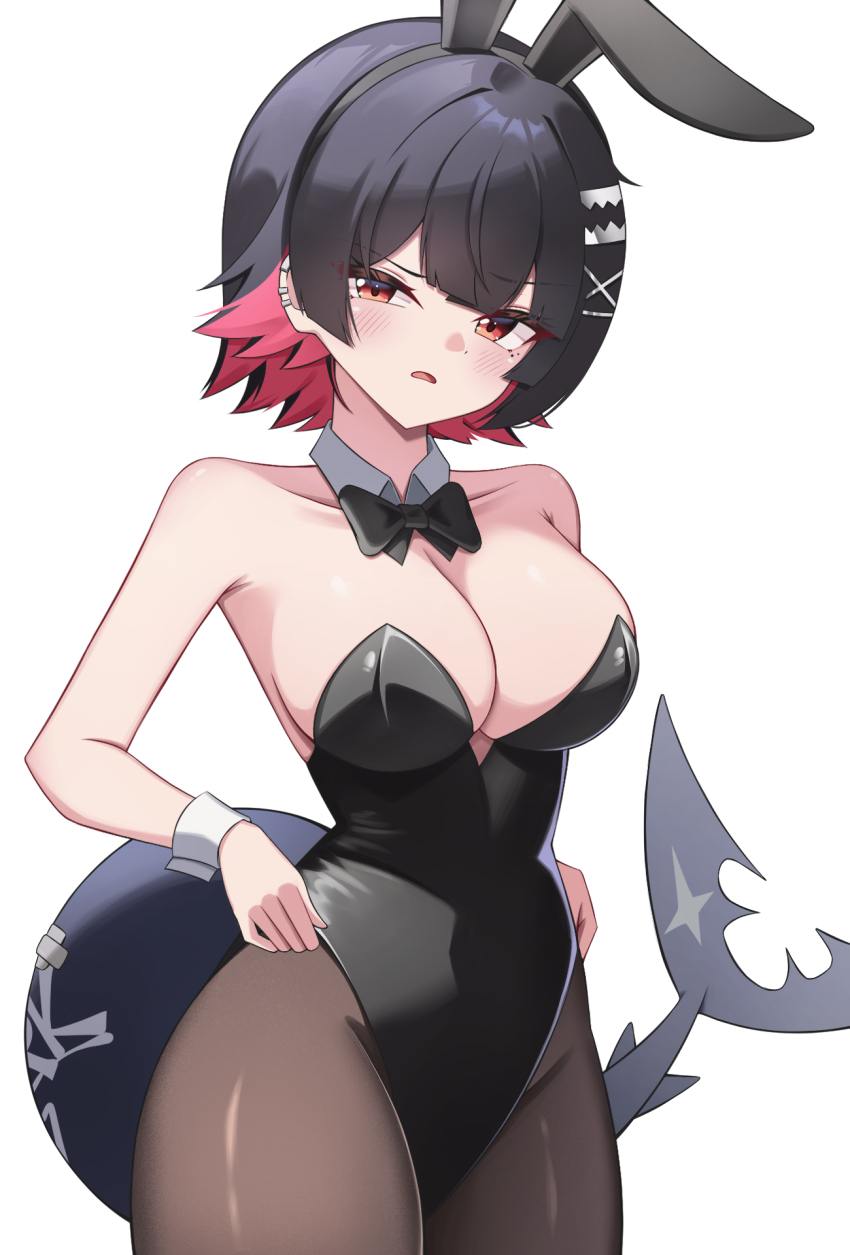 1girl, animal_ear_hairband, animal_ears, black_bow, black_bowtie, black_hair, black_leotard, black_pantyhose