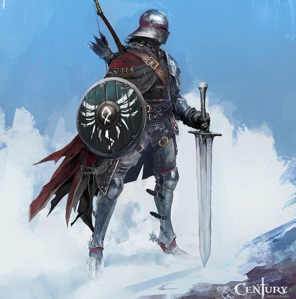alexandre_chaudret, armor, blue_sky, bow_(weapon), chest_belt, copyright_name, full_body, holding