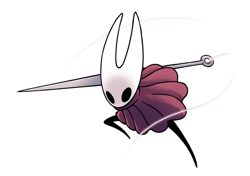 1girl, ari_gibson, black_skin, cloak, colored_skin, full_body, highres, holding, holding_weapon, hollow_eyes, hollow_knight, horned_mask, hornet_(hollow_knight), knee_up, mask, needle_(hollow_knight), official_art, red_cloak, solo, thread, transparent_background, weapon, white_mask