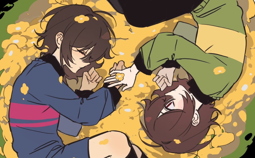 2others, black_pants, black_shirt, black_socks, blue_shorts, blue_sweater, brown_hair, chara_(undertale)