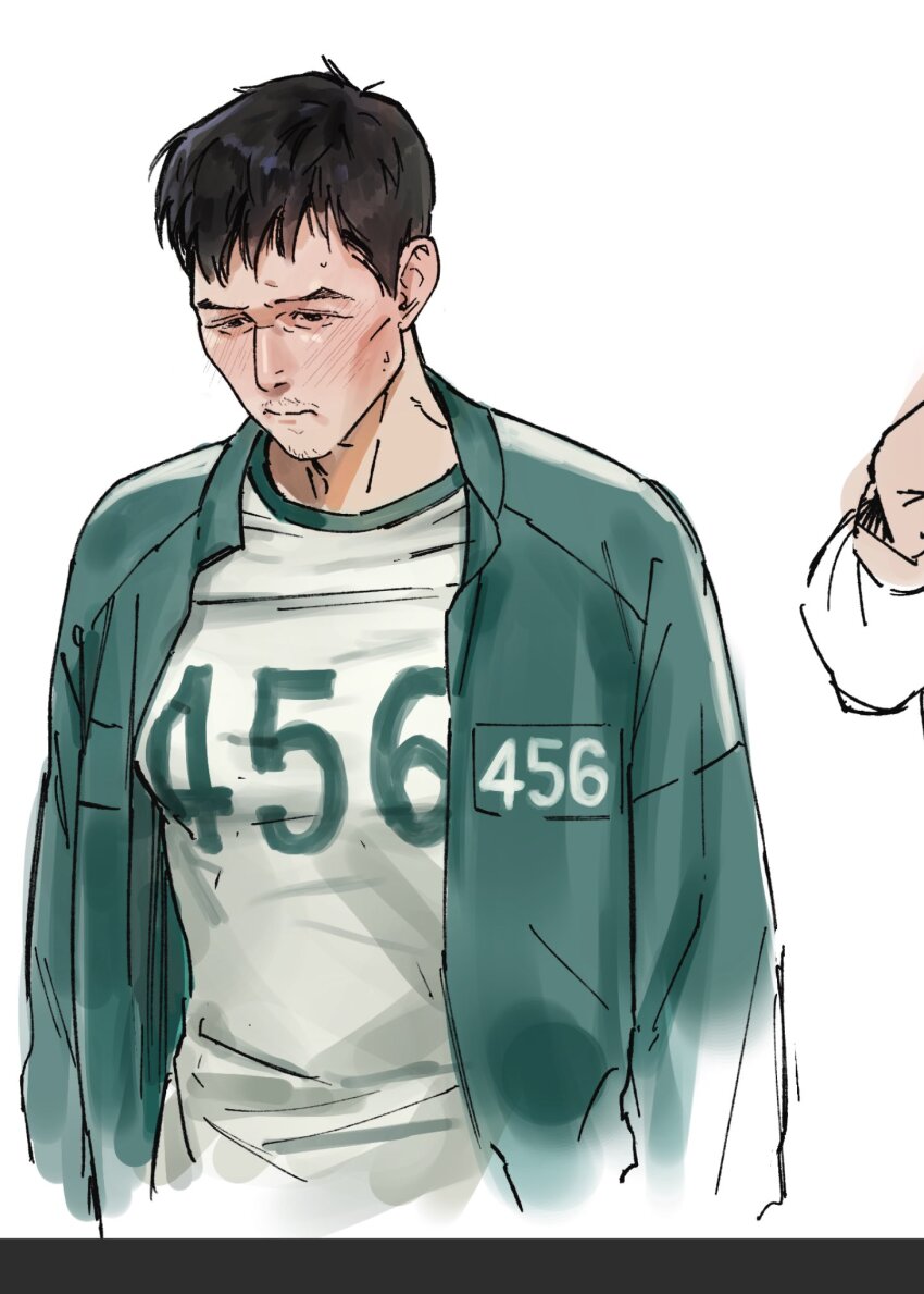 1boy, baby, black_eyes, black_hair, blush, breast_padding, breasts, clothes_writing