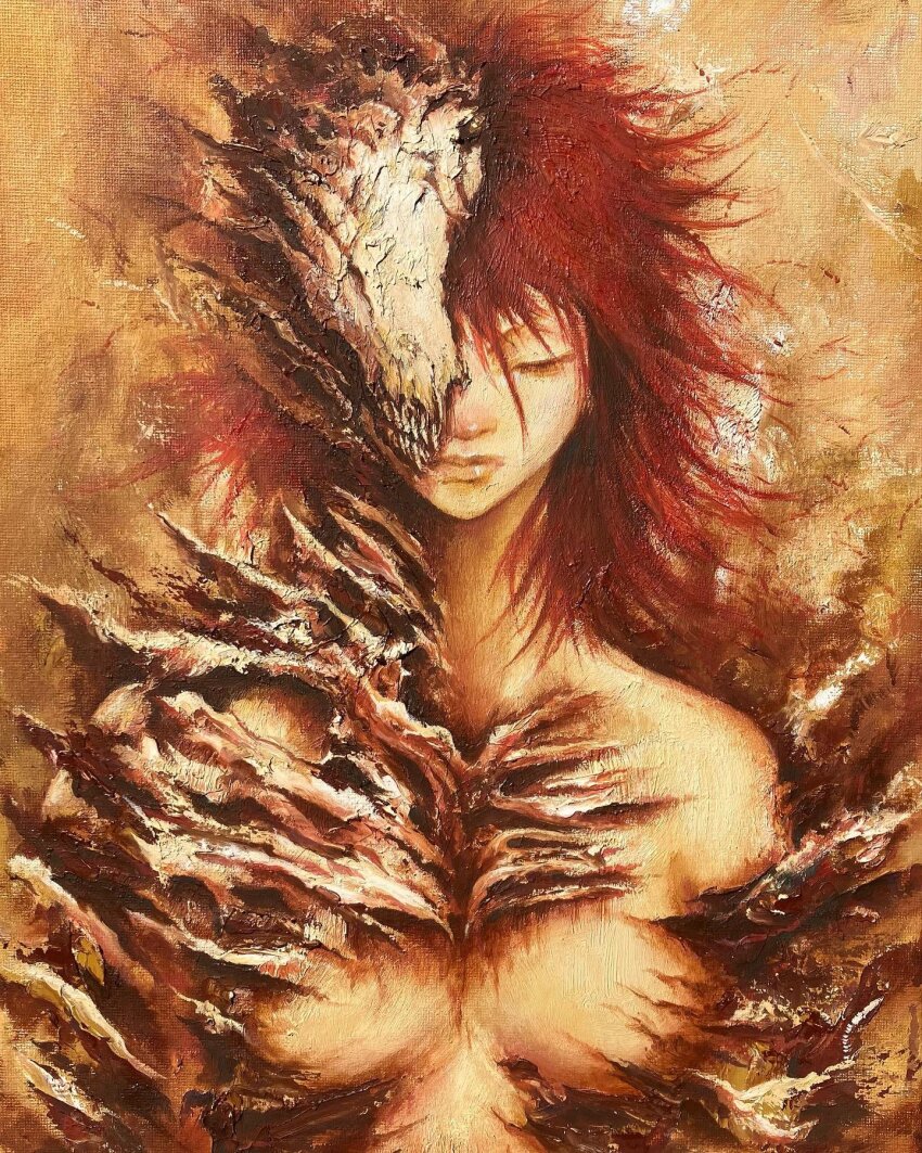 1girl, alexandre_chaudret, breasts, closed_eyes, closed_mouth, highres, material_growth, medium_breasts