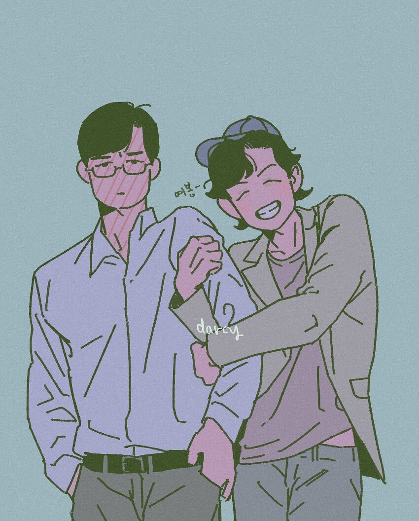 2boys, arm_hug, baseball_cap, black_eyes, black_hair, cho_sang-woo, closed_eyes, cowboy_shot