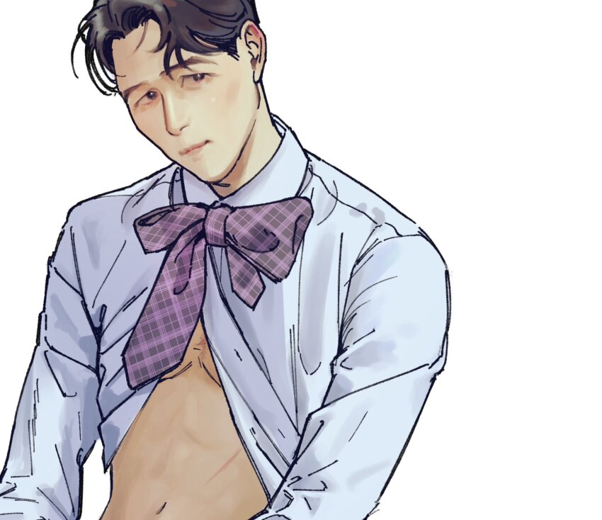 1boy, black_eyes, black_hat, bow, bowtie, breasts, clothes_lift, expressionless