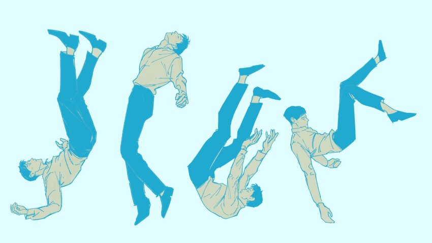 4boys, black_hair, black_pants, blue_theme, closed_eyes, cowboy_shot, falling, full_body