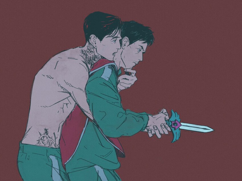 2boys, alternate_costume, black_eyes, black_hair, cowboy_shot, dual_persona, green_track_suit, guiding_hand