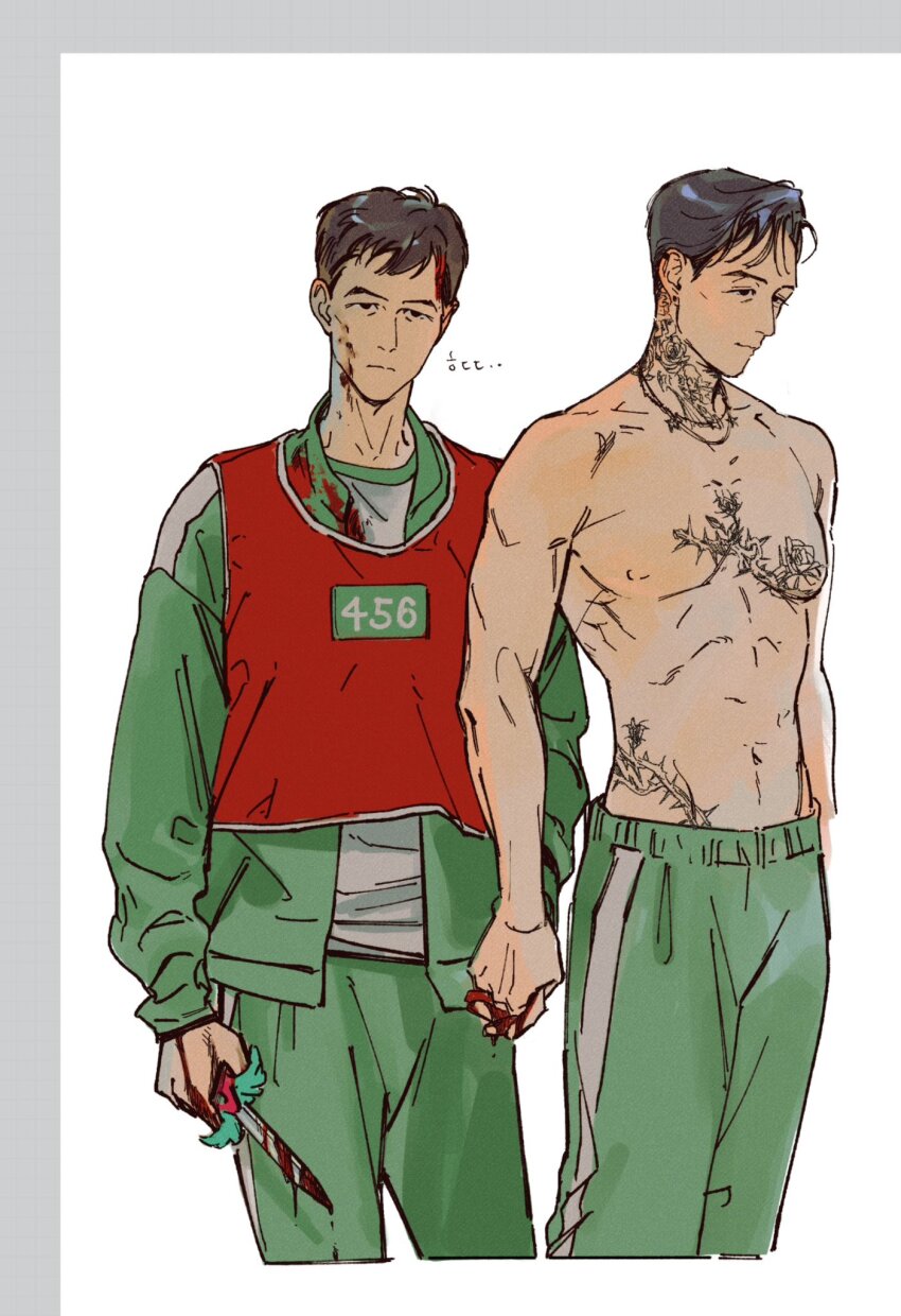 2boys, abs, alternate_costume, black_eyes, blank_stare, blood, blood_on_face, blood_on_hands