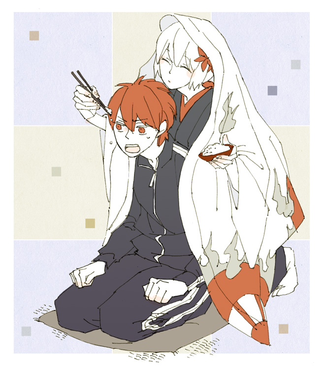 1boy, 1girl, asahi_(uwa), asasui, bad_id, bad_pixiv_id, chopsticks, feeding