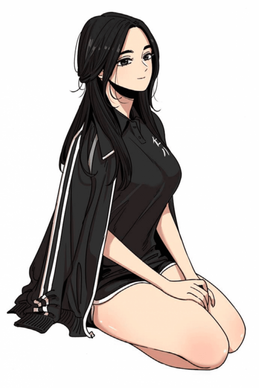 1girl, beautiful_gunbari, black_hair, black_shirt, dolphin_shorts, han_soi, jacket, jacket_on_shoulders
