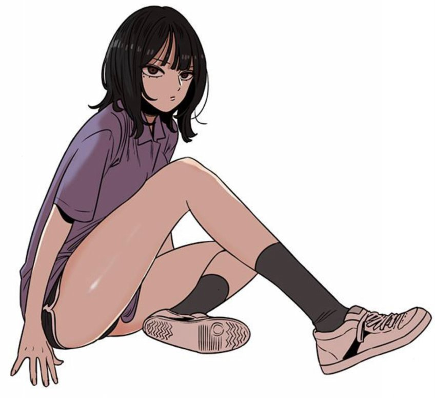 1girl, beautiful_gunbari, black_hair, dolphin_shorts, grey_socks, im-dana, looking_at_viewer, non-web_source, purple_shirt, shirt, shoes, shorts, sitting, socks, white_background, white_shoes, yoon_sungwon