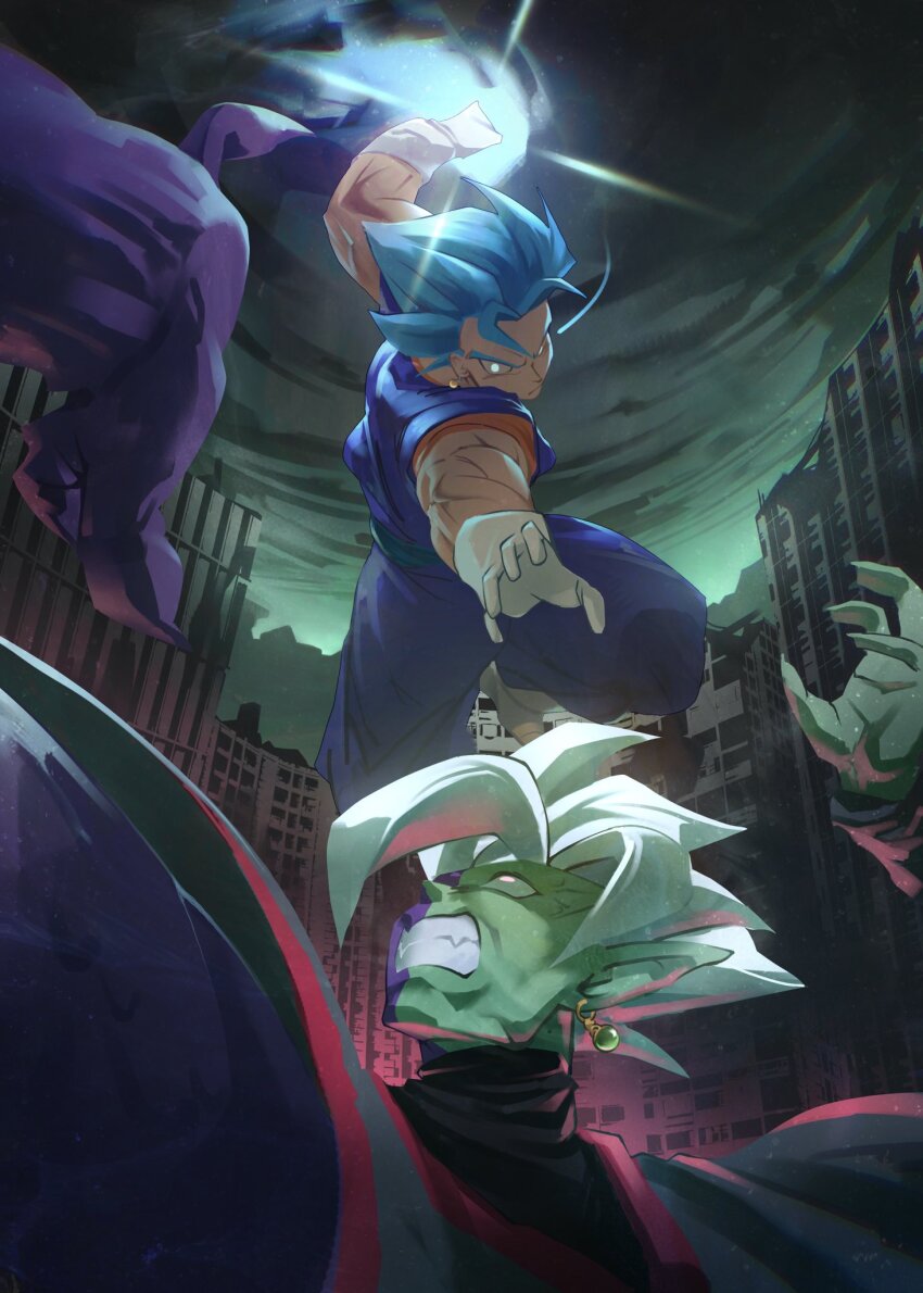 2boys, aura, blue_hair, blue_pants, blue_shirt, boots, clenched_hand, colored_skin, dougi, dragon_ball, dragon_ball_super, earrings, fused_zamasu, gloves, green_skin, highres, incoming_attack, incoming_punch, jewelry, male_focus, midair, multicolored_skin, multiple_boys, muscular, muscular_male, orange_pants, pants, potara_earrings, punching, purple_skin, shirt, spiked_hair, super_saiyan, super_saiyan_blue, terminal_000, two-tone_skin, vegetto, white_boots, white_gloves, white_hair