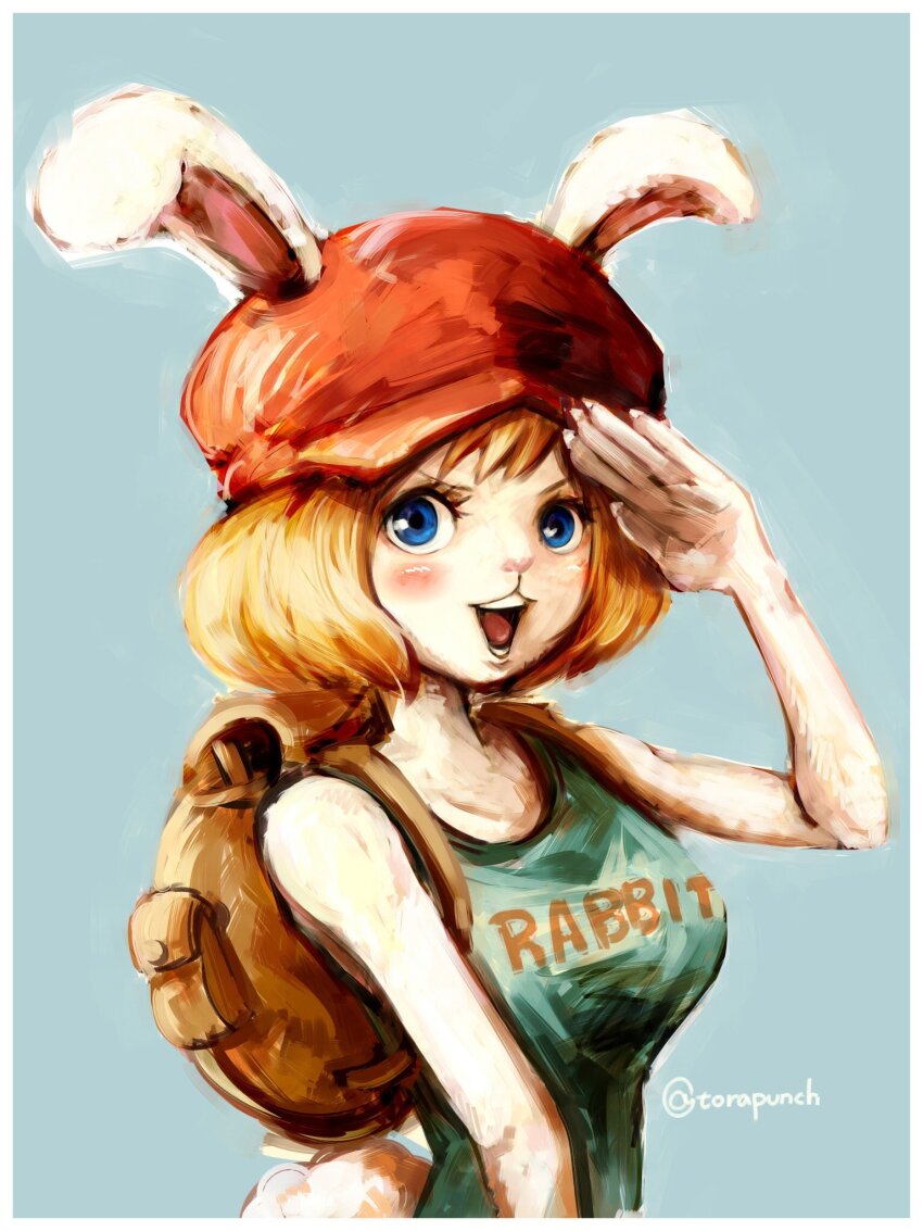 1girl, animal_ears, bag, blonde_hair, blue_background, blue_eyes, blue_tank_top, blush