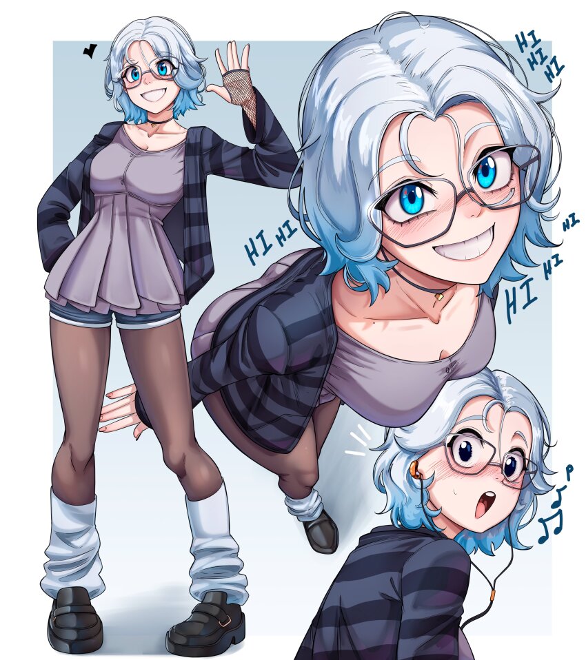 1girl, absurdres, black_choker, black_pantyhose, black_shoes, blue_background, blue_cardigan, blue_eyes