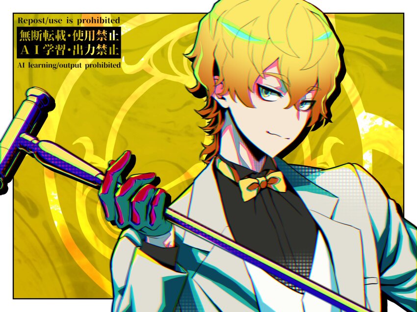 1boy, black_shirt, blonde_hair, border, bow, bowtie, cane, chromatic_aberration