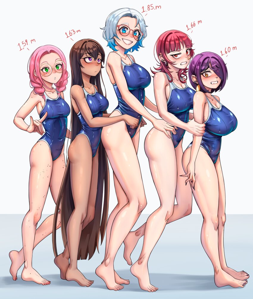 5girls, absurdres, bandaid, bandaid_on_cheek, bandaid_on_face, barefoot, black_nails, blue_eyes, blue_hair, blue_one-piece_swimsuit, blush, body_freckles, braid, breasts, brown_hair, charlotte_(dilan_griz), choppy_bangs, cleavage, closed_mouth, collarbone, commentary, competition_swimsuit, dark-skinned_female, dark_skin, dilan_griz, double-parted_bangs, ear_piercing, english_commentary, erika_(dilan_griz), eyebrow_piercing, face_piercing, fox_shadow_puppet, freckles, full_body, glasses, grabbing_another's_arm, gradient_hair, green_eyes, grin, hair_between_eyes, hair_over_one_eye, hand_on_another's_arm, hand_on_another's_hip, height_chart, height_difference, highres, julieth_(dilan_griz), kat_(dilan_griz), large_breasts, lineup, long_hair, looking_at_another, looking_at_viewer, looking_up, medium_breasts, medium_hair, multicolored_hair, multiple_girls, nail_polish, one-piece_swimsuit, one_eye_covered, orange_eyes, original, parted_bangs, parted_hair, parted_lips, piercing, pink_hair, purple_eyes, purple_hair, queen_(dilan_griz), raised_eyebrow, red_eyes, red_hair, round_eyewear, short_hair, simple_background, smile, standing, swimsuit, thigh_freckles, toenail_polish, toenails, toes, twin_braids, very_long_hair, white_background, white_hair