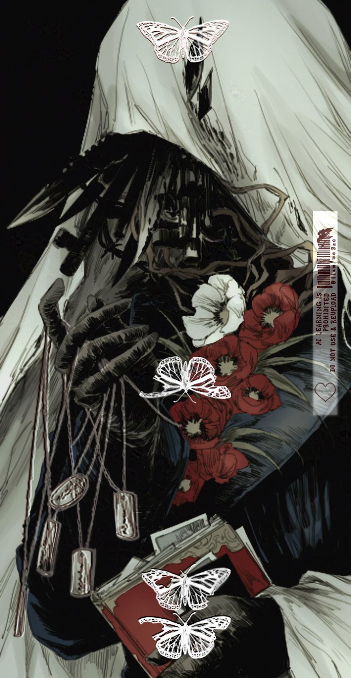 1boy, black_background, black_coat, black_gloves, bug, butterfly, charon_(reverse:1999), coat