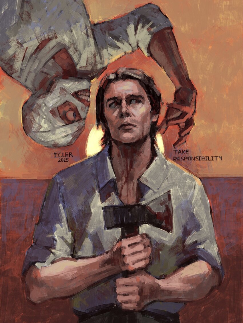 2boys, axe, bandaged_head, bandaged_neck, bandages, black_hair, bleeding, blood, blood_on_neck, bloodshot_eyes, bloody_weapon, clenched_hand, collared_shirt, curly_(mouthwashing), curly_(pre-crash)_(mouthwashing), ecler_ecler, english_text, highres, holding, holding_axe, hospital_gown, jimmy_(mouthwashing), looking_at_hand, male_focus, mouthwashing, mullet, multiple_boys, painterly, reaching, reaching_towards_another, red_eyes, shirt, skinned, sleeves_rolled_up, upside-down, weapon, white_shirt