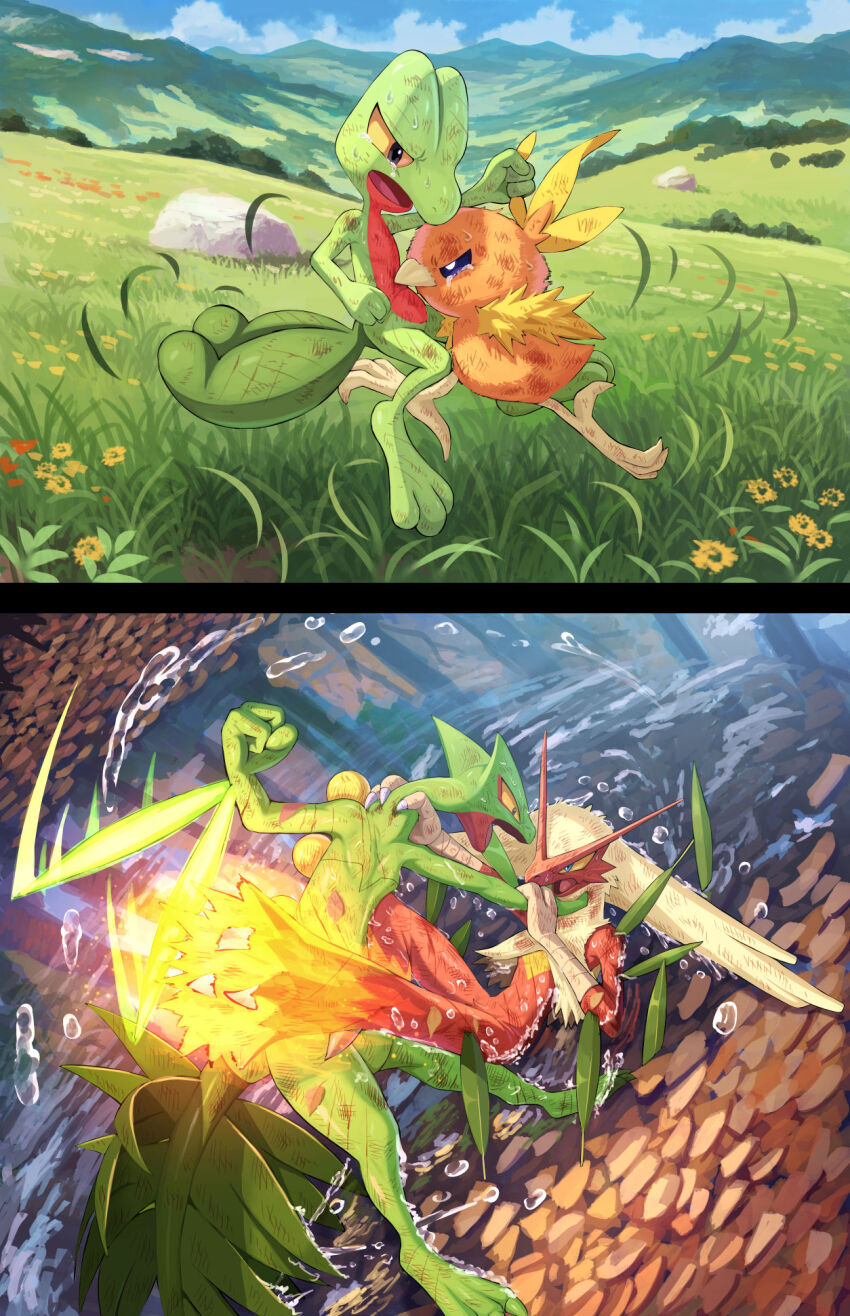 beak, biting, black_eyes, blaziken, blue_eyes, bruise, claws, clenched_hand