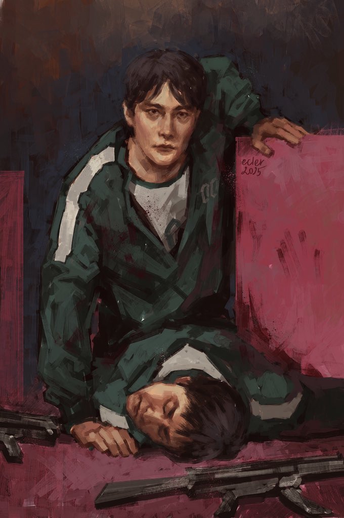 2boys, arm_up, assault_rifle, black_hair, blood, blood_on_clothes, blood_on_ground, blood_splatter