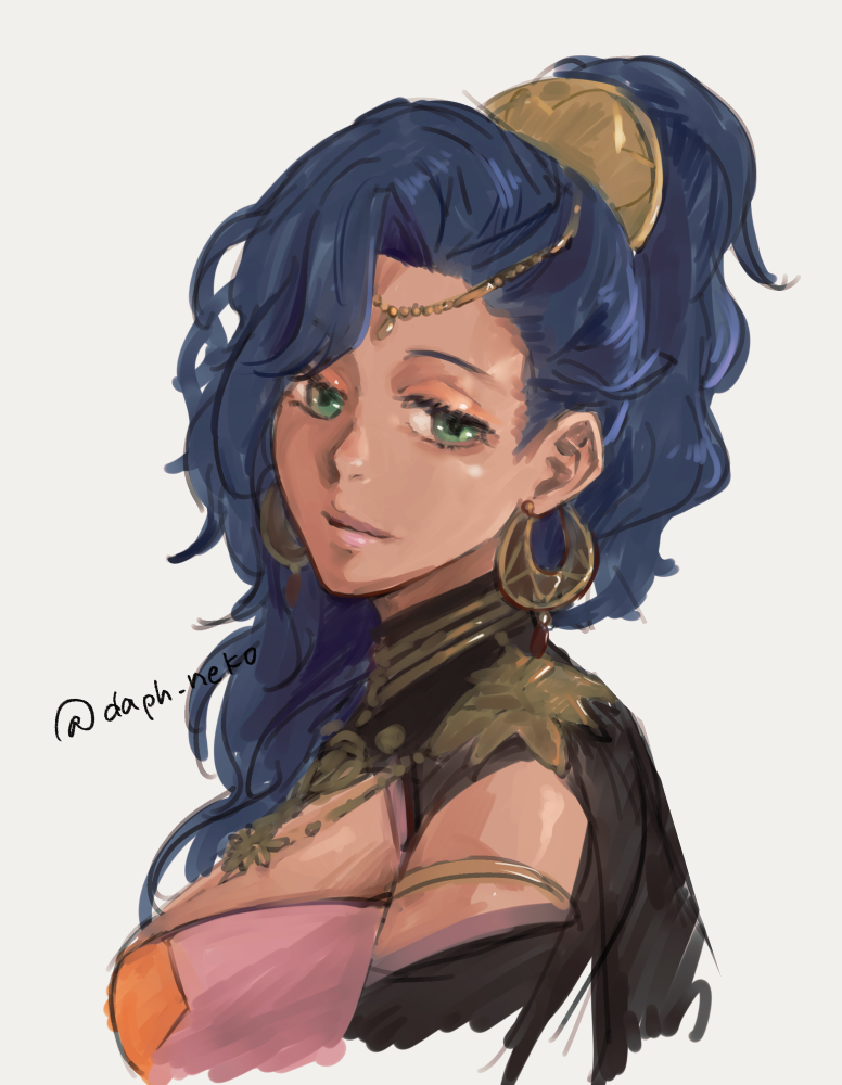 1girl, blue_eyes, blue_hair, breasts, circlet, cloak, closed_mouth, daph_neko