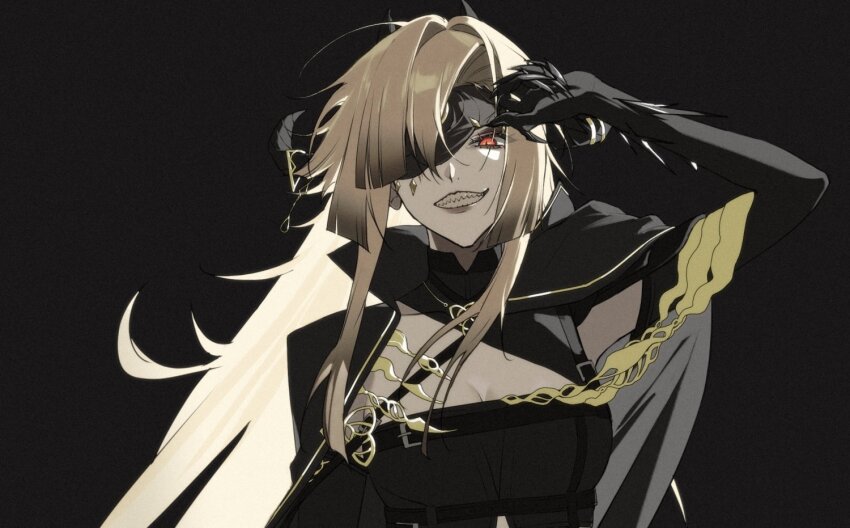 1girl, 3shine_02, black_background, black_cape, black_dress, blonde_hair, breasts, cape