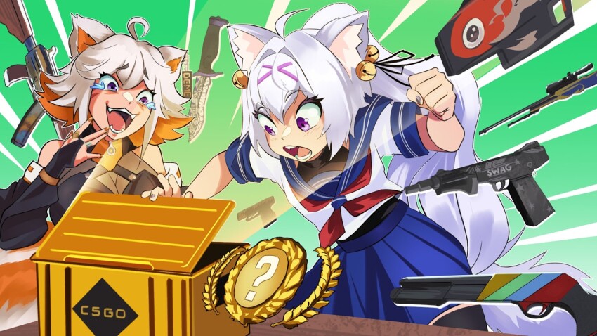 2girls, :o, ?, ahoge, animal_ears, black_ribbon, blue_sailor_collar, blue_skirt