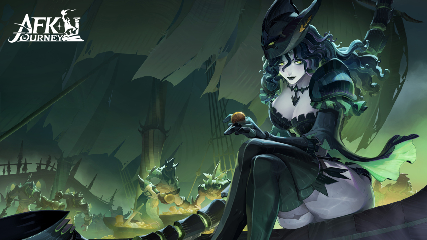 1girl, afk_(series), afk_journey, armor, black_hair, black_hat, black_leotard, black_lips, black_thighhighs, bonnie_(afk), breasts, cleavage, closed_mouth, coin, commentary, copyright_logo, crossed_legs, english_commentary, gauntlets, green_eyes, hat, highres, holding, holding_coin, jewelry, large_breasts, leotard, logo, long_hair, looking_at_viewer, necklace, official_art, official_wallpaper, pirate_ship, shoulder_armor, sitting, sword, thighhighs, thighs, treasure_chest, undead, wavy_hair, weapon