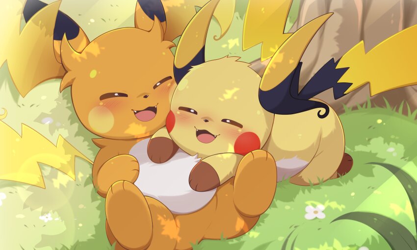 absurdres, blush, closed_eyes, commentary, english_commentary, fang, fangs, flower, gen_1_pokemon, grass, highres, mega_pokemon, mega_raichu_x, mega_raichu_y, multiple_tails, nintendo, no_humans, open_mouth, orange_fur, pokemon, pokemon_(creature), pokemon_focus, raichu, smile, tail, toruu_(kzpm2483), tree, tree_shade, very_long_ears, yellow_fur