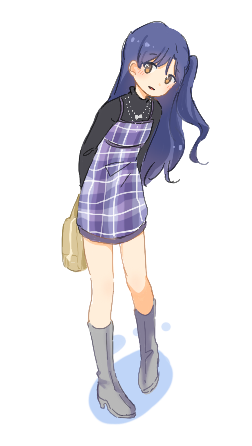 1girl, archive_(user_ufsk2755), arms_behind_back, bag, blue_hair, boots, brown_eyes, dress