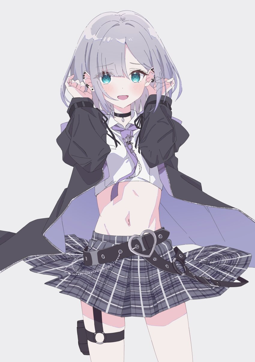 1girl, :d, absurdres, black_choker, black_jacket, blue_eyes, blush, candy