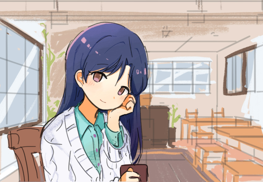 1girl, archive_(user_ufsk2755), blue_hair, brown_eyes, cardigan, chair, closed_mouth, cup