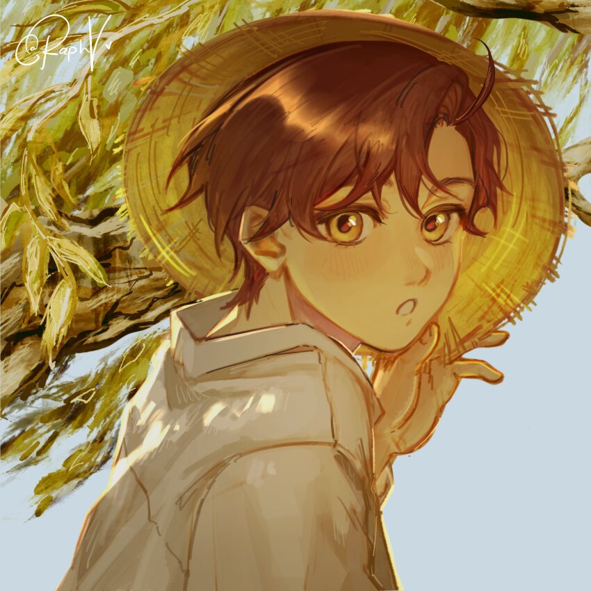 1boy, ahoge, artist_name, axis_powers_hetalia, blue_sky, blush, branch, brown_hair