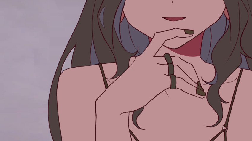 1girl, ambience_synesthesia, arknights, bare_shoulders, black_hair, black_nails, chinese_commentary, close-up