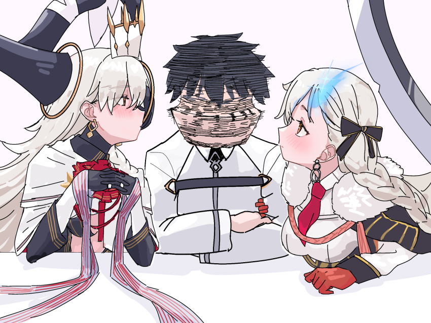 1boy, 2girls, afterimage, ascot, black_hair, black_ribbon, blush, braid