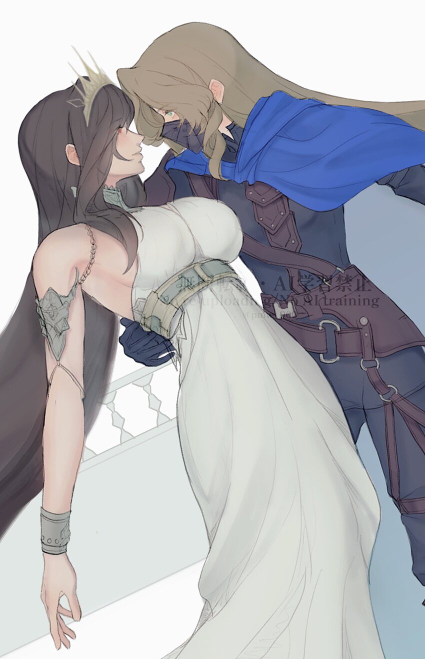 2girls, absurdres, aerith_gainsborough, armlet, black_hair, blue_cape, bracelet, breasts